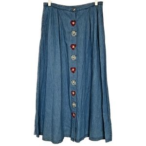 Maxi Skirt Full Denim Patchwork Size 12 Button Front Cottage Country Core Vtg